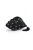 Black wicker Shellona shell-shaped evening clutch bag by Emm Kuo, featuring a woven shell design and compact, stylish silhouette.
