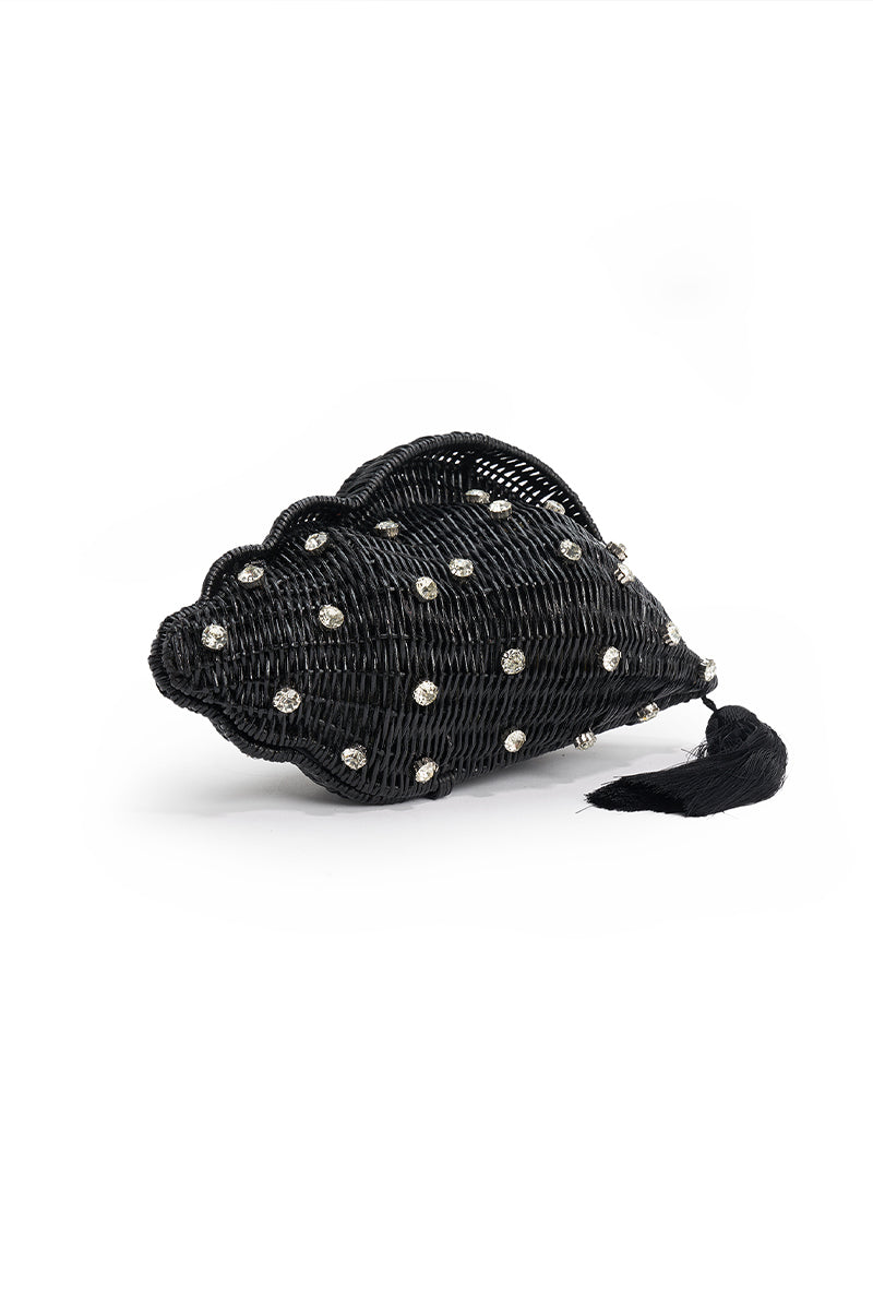 Black wicker Shellona shell-shaped evening clutch bag by Emm Kuo, featuring a woven shell design and compact, stylish silhouette.