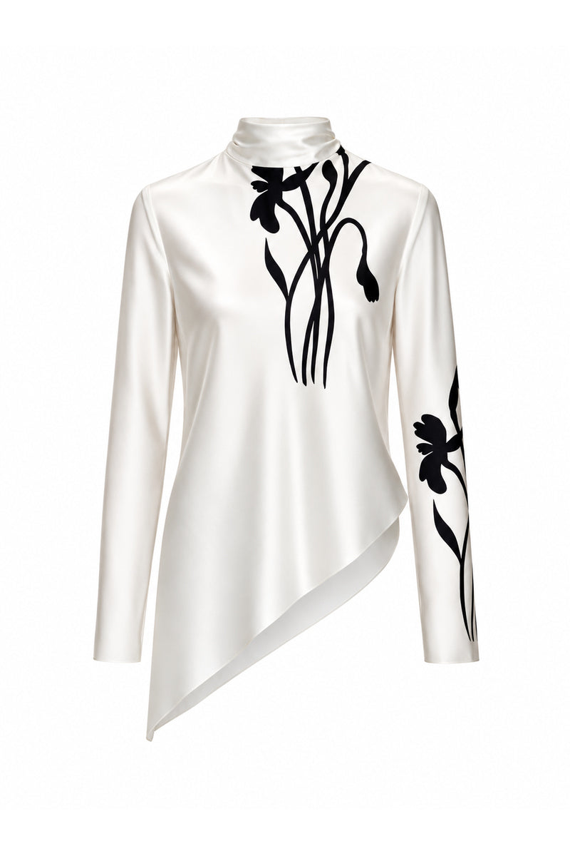 Ivory silk blouse with floral print by Elenareva, featuring long sleeves and a relaxed fit, shown on a white background.