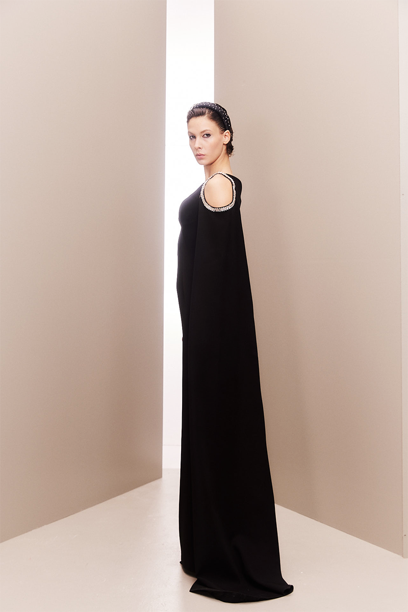ASYMMETRIC STONE-EMBELLISHED BLACK GOWN - CULT MIA