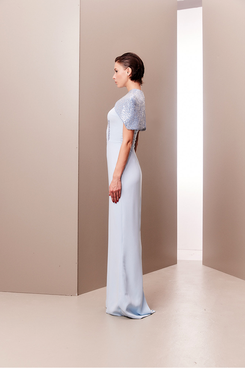 BABY BLUE CORSET DRESS WITH DETACHABLE EMBROIDERED CAPE - CULT MIA
