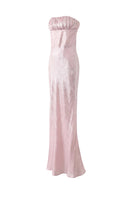 Aisl strapless pink maxi dress displayed from the side, flowing fabric, fitted bodice, and elegant length perfect for formal occasions.