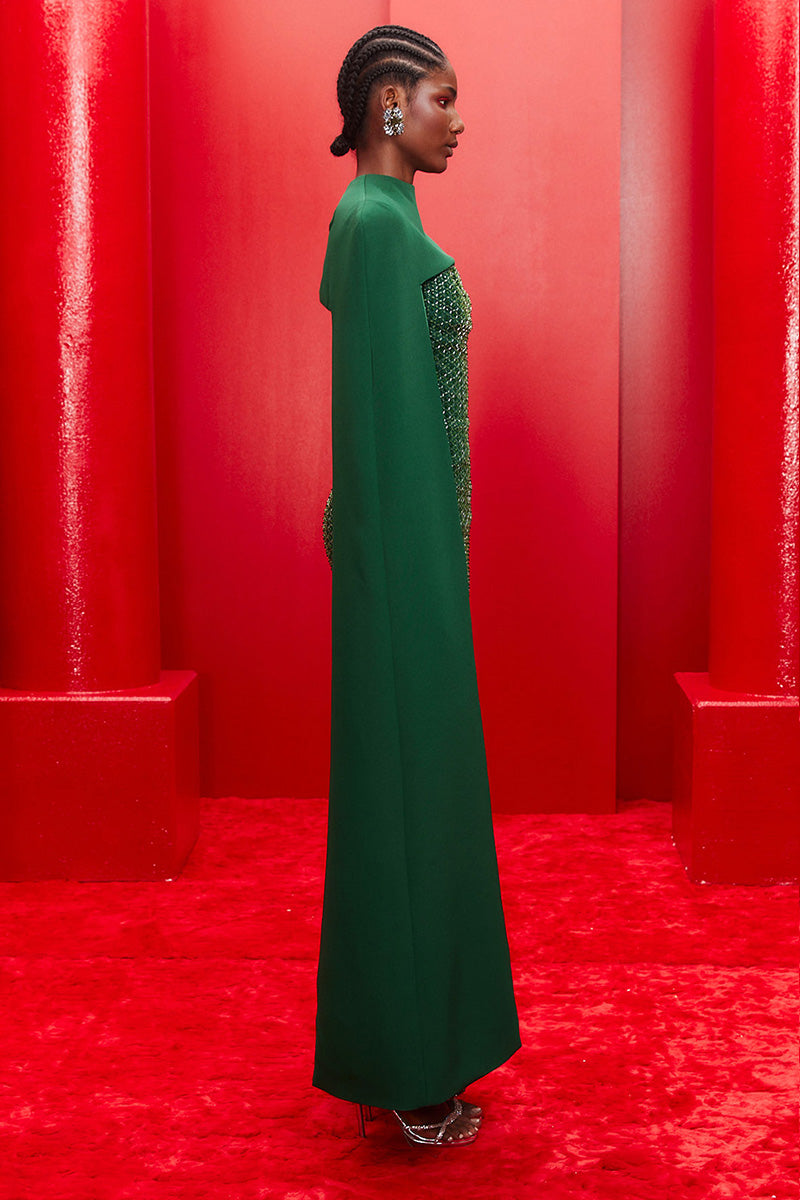 EMBROIDERED STRAPLESS GOWN WITH REMOVABLE CAPE IN EMERALD GREEN - CULT MIA