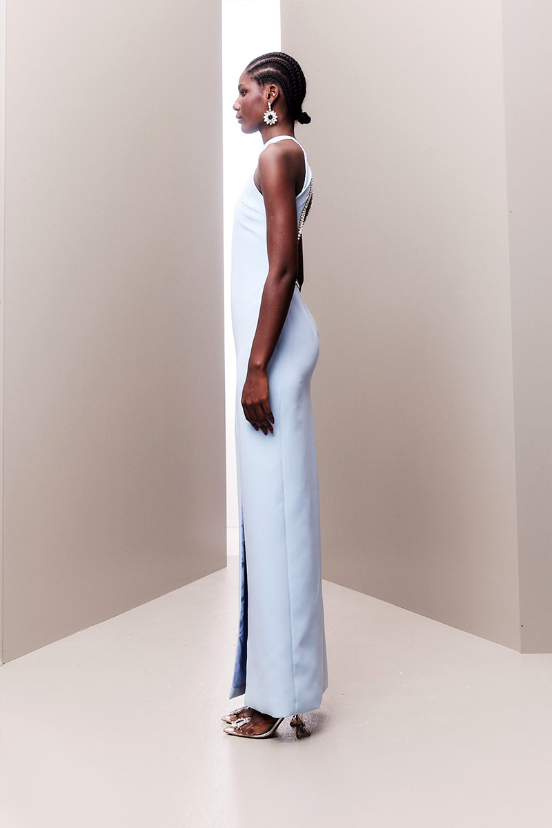 BABY BLUE ADORNED OPEN BACK MAXI DRESS - CULT MIA