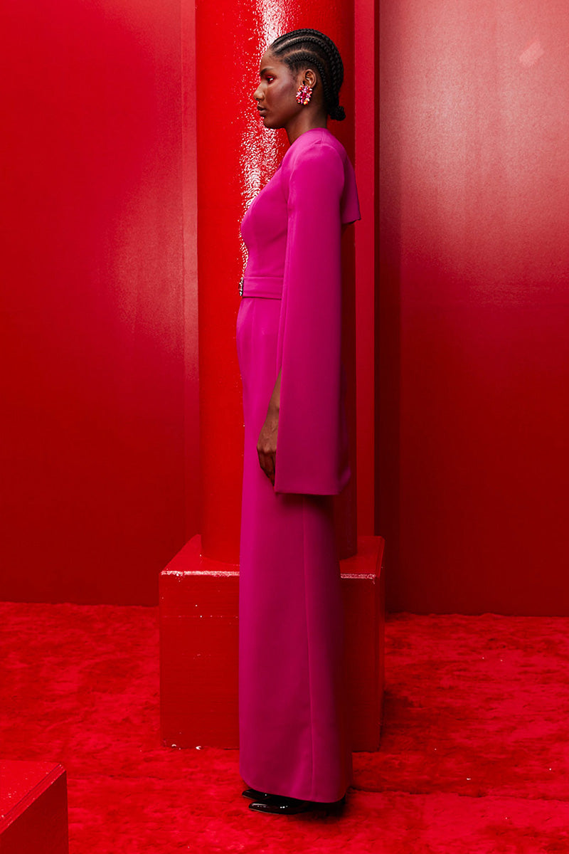 ONE-SHOULDER DRESS WITH CAPE SLEEVES IN DEEP MAGENTA - CULT MIA