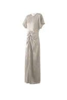 Aisl ivory ruched center column gown shown from the side, elegant floor-length dress with fitted silhouette and subtle detailing.