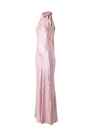Aisl pink halter maxi dress with matching scarf, flowing fabric, and side view showcasing elegant summer style