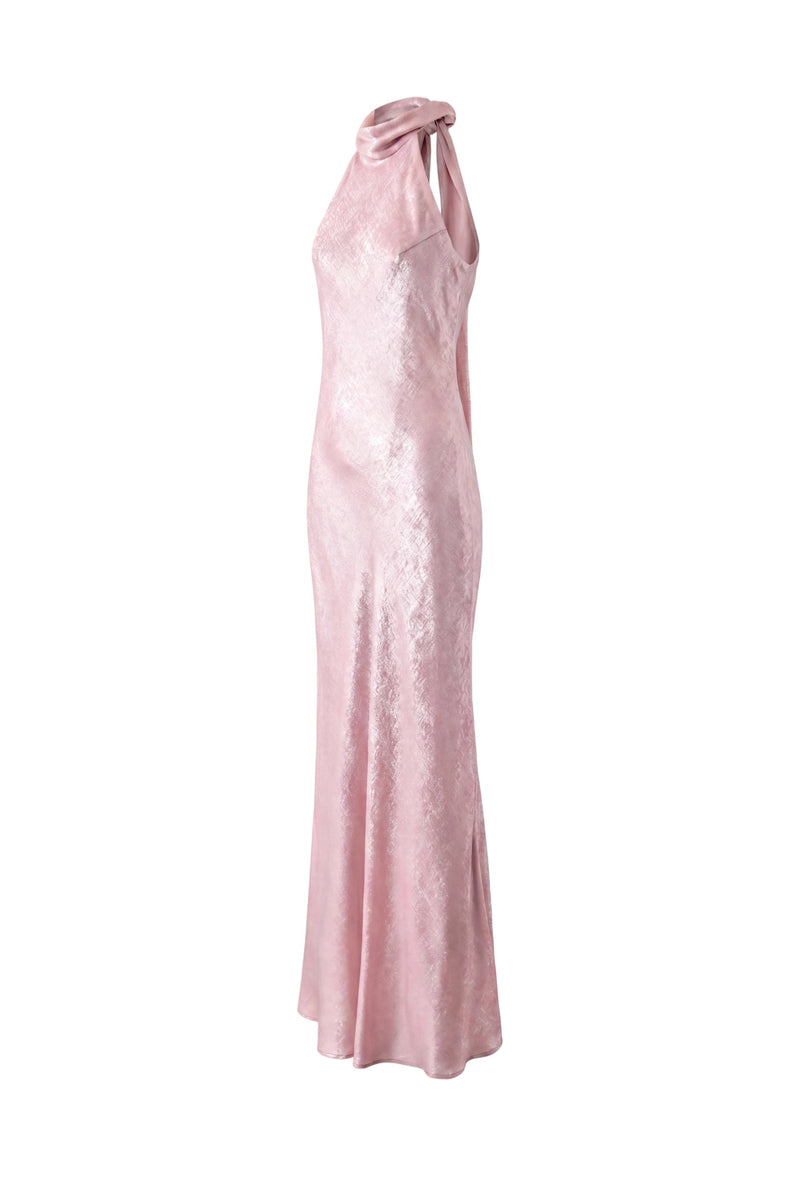Aisl pink halter maxi dress with matching scarf, flowing fabric, and side view showcasing elegant summer style