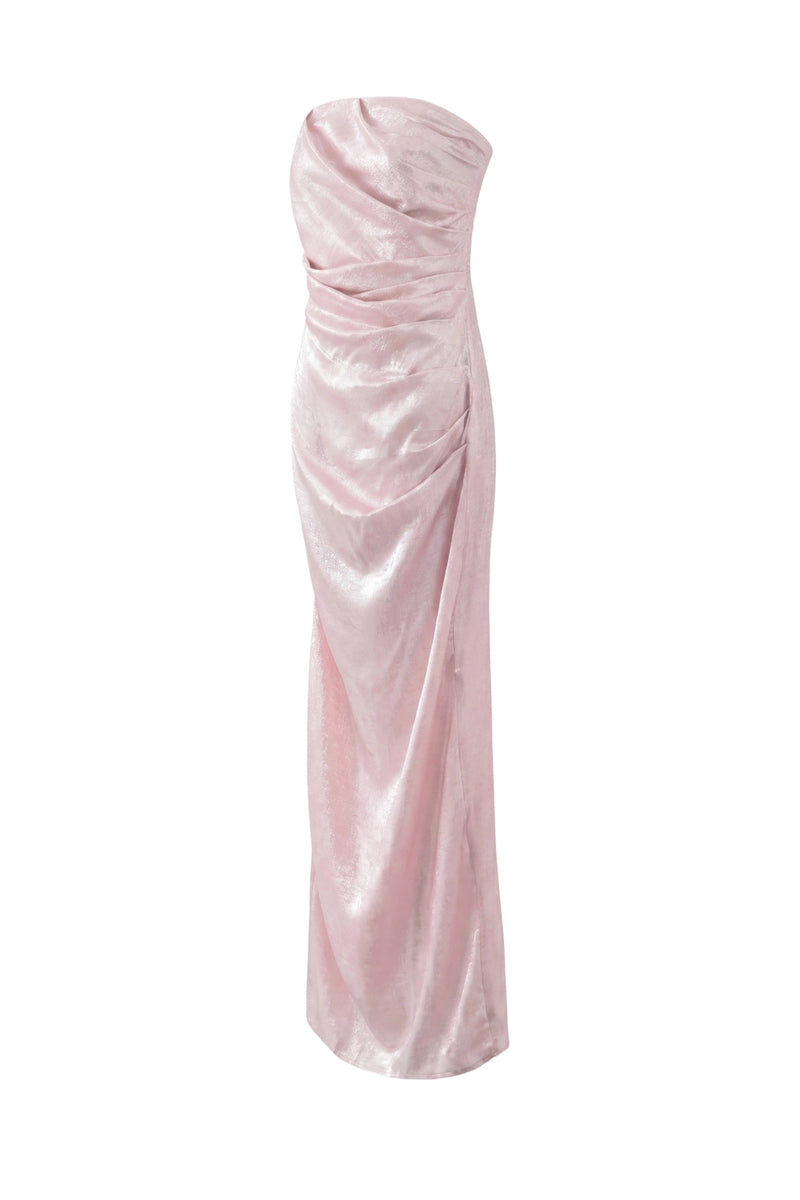 Aisl pleated bodice maxi dress shown from the side, featuring flowing fabric and elegant design for formal or casual occasions.