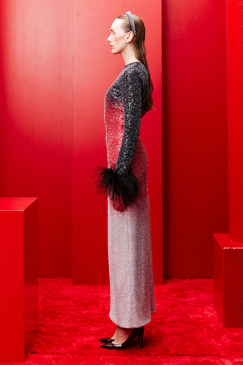 STUNNING OMBRÉ FULL-LENGTH GOWN WITH FEATHERED SLEEVES - CULT MIA
