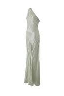 Green one-shoulder maxi dress by Aisl, flowing fabric with elegant drape, shown from side view.