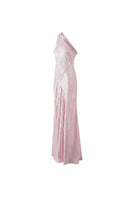 Aisl blush one-shoulder maxi dress shown from the side, flowing fabric, elegant design perfect for formal occasions.