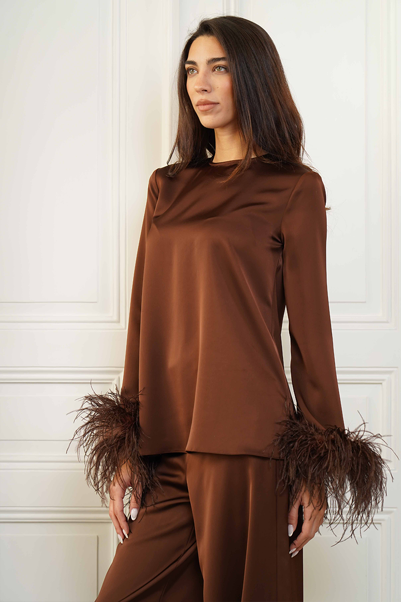 Joanna Andraos Silk-Effect Co-ords ensemble shown in a side close-up, highlighting the elegant fabric and stylish design.