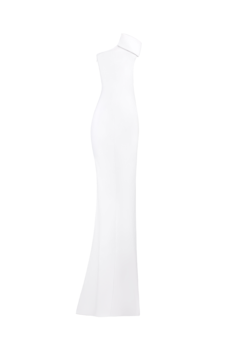 White strapless gown by Joanna Andraos, elegant side view showcasing the flowing fabric and fitted bodice.