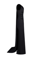 Joanna Andraos Midnight Elegance one-shoulder gown shown from the side, elegant black evening dress with flowing fabric.