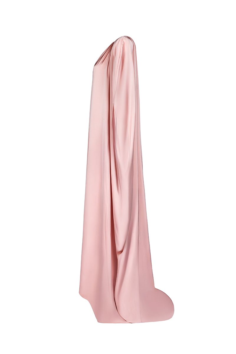 Joanna Andraos Cult MIA X Joanna Andraos soft nude silk gown displayed from a side view, highlighting its elegant flow and smooth fabric.