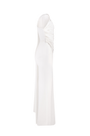 White Joanna Andraos crepe maxi dress with a matching scarf, shown from a side angle. Elegant and flowing design.