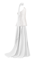 White strapless top and skirt co-ord set with matching scarf by Joanna Andraos, shown from a side view.