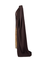 Joanna Andraos CULT MIA X Joanna Andraos gown featuring a corset dress with a detachable cape, shown from the side view.