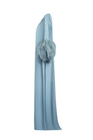 Joanna Andraos feather-sleeve silk gown with tie-neck design, shown from side view in elegant black fabric.