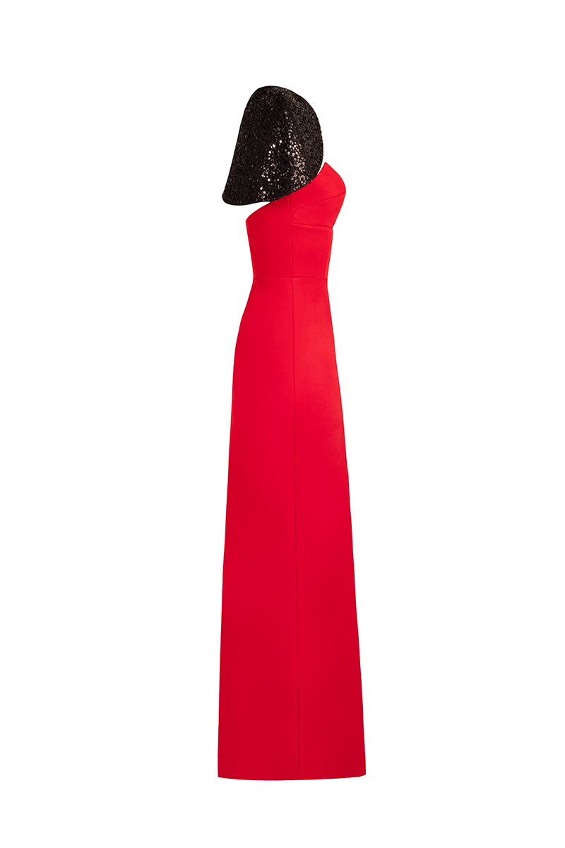 Joanna Andraos STRAPLESS TUBE DRESS WITH CAPE IN RED | Cult Mia Joanna Andraos STRAPLESS TUBE DRESS WITH CAPE IN RED | Cult Mia