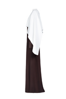 Joanna Andraos ivory evening gown with flowing cape, elegant side view, perfect for formal events and special occasions