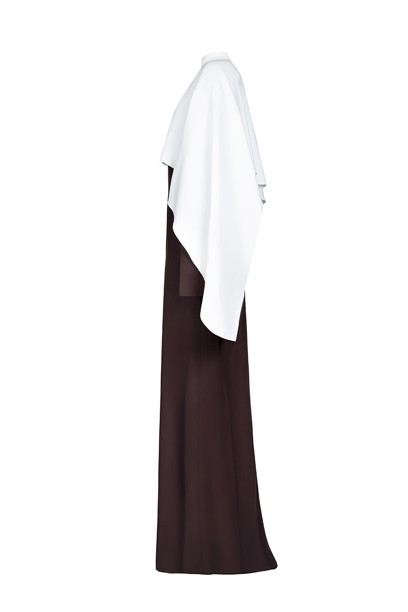 Joanna Andraos ivory evening gown with flowing cape, elegant side view, perfect for formal events and special occasions