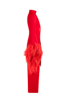 Red Joanna Andraos halter neck midi dress seen from the side, showcasing its elegant silhouette and vibrant color.