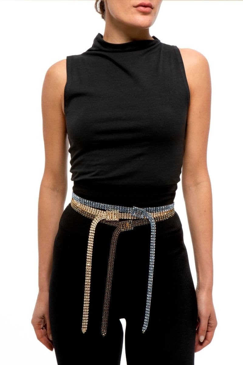 Gold crystal-embellished belt by Silvia Gnecchi with sparkling crystals and a sleek design, perfect for elegant outfits.
