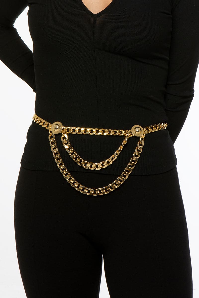Silvia Gnecchi Donatella double chain belt in gold, featuring layered links and a sleek design for stylish waistwear.