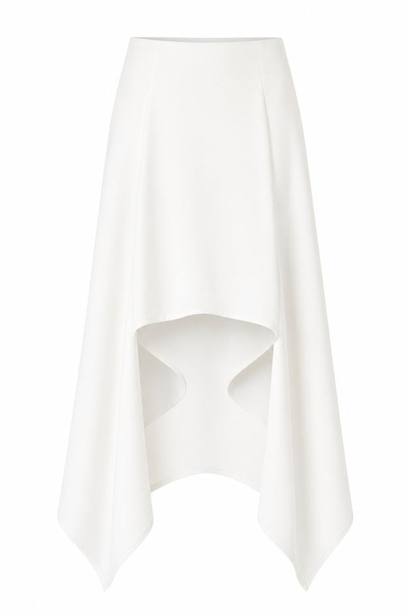 Lili Blanc crepe midi skirt in soft fabric, showcasing a flowing, elegant design with a high waist and subtle pleats.