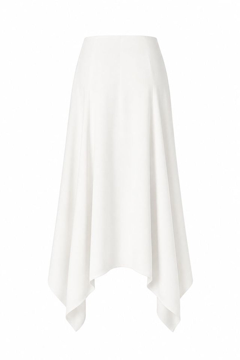 Lili Blanc crepe midi skirt in soft beige, flowing design with a high waist, perfect for elegant casual outfits.