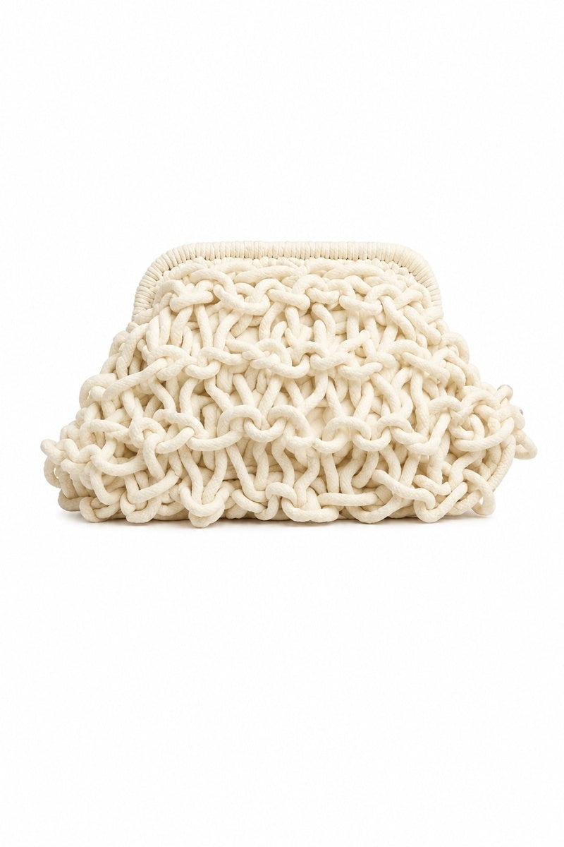 FOLKLORE THE LABEL small white rope clutch bag with a compact design, perfect for carrying essentials in an elegant style.