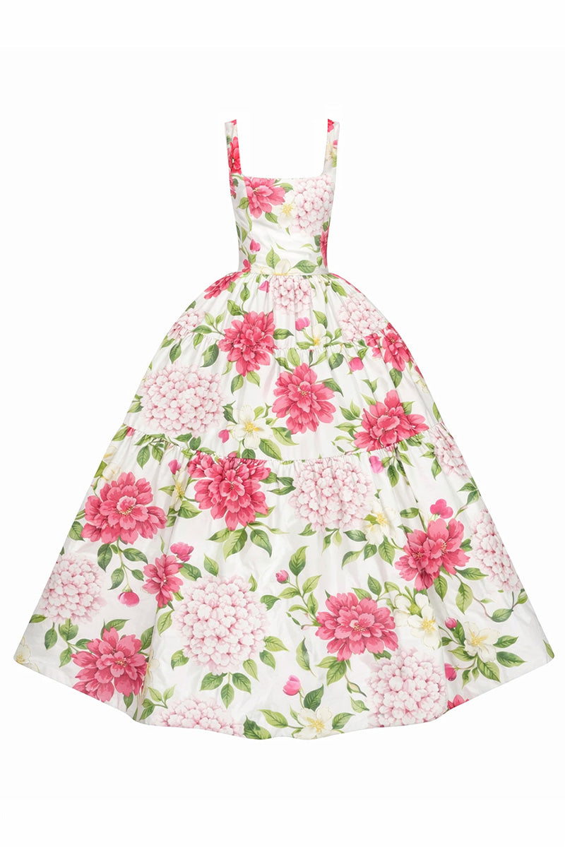 Gigii's Sophia floral maxi dress, lightweight fabric with a vibrant floral pattern, flowing design, and sleeveless style.