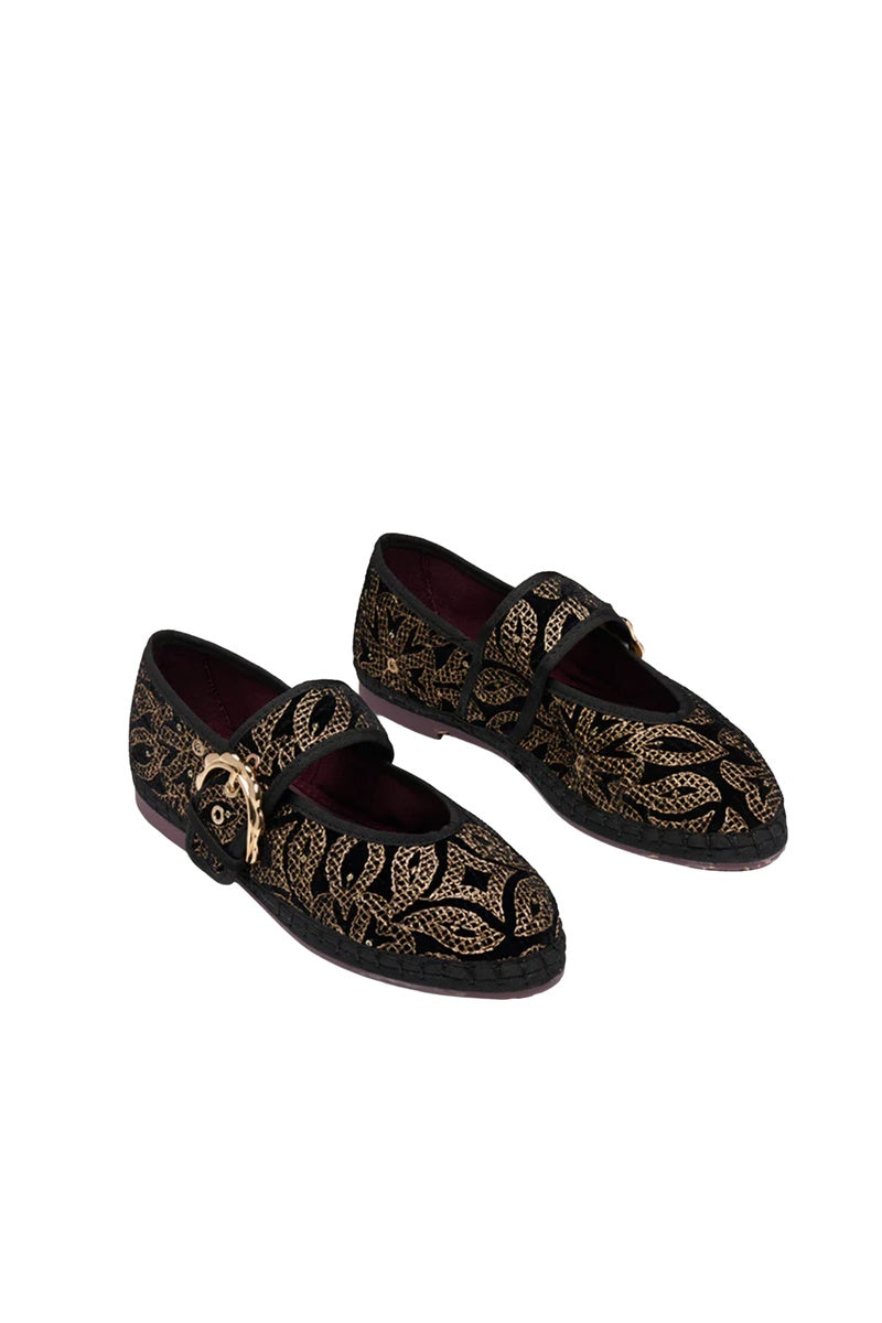 Flabelus Sophie Bloom gold flats with pointed toe and sleek design, perfect for casual or dressy occasions.