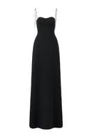L'SCARLETT spaghetti strap poly crepe gown with a flowing maxi design, featuring a fitted bodice and elegant drape.