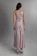 Aisl blush one-shoulder maxi dress styled on a model, flowing fabric and elegant design perfect for special occasions.