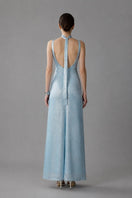 Aisl blue pleated V-neck evening gown with elegant back design, perfect for formal occasions.