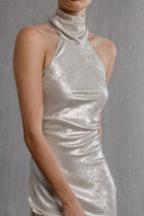 Aisl champagne halter maxi dress with matching scarf, featuring elegant draping and a flowing silhouette, perfect for formal occasions.