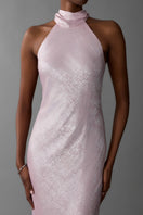 Aisl pink halter maxi dress with matching scarf, flowing fabric, and stylish design, perfect for summer or casual wear.