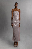 Aisl pleated bodice maxi dress in flowing fabric, styled front view showcasing elegant design and full-length silhouette.
