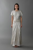 Aivory Aisl ruched center column gown shown from the front with a fitted bodice and elegant draping.