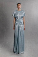 Light blue Aisl ruched center column gown with a fitted bodice and elegant drape, styled front view.