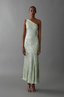 Aisl green one-shoulder maxi dress styled at the front, flowing and elegant for summer or formal occasions.