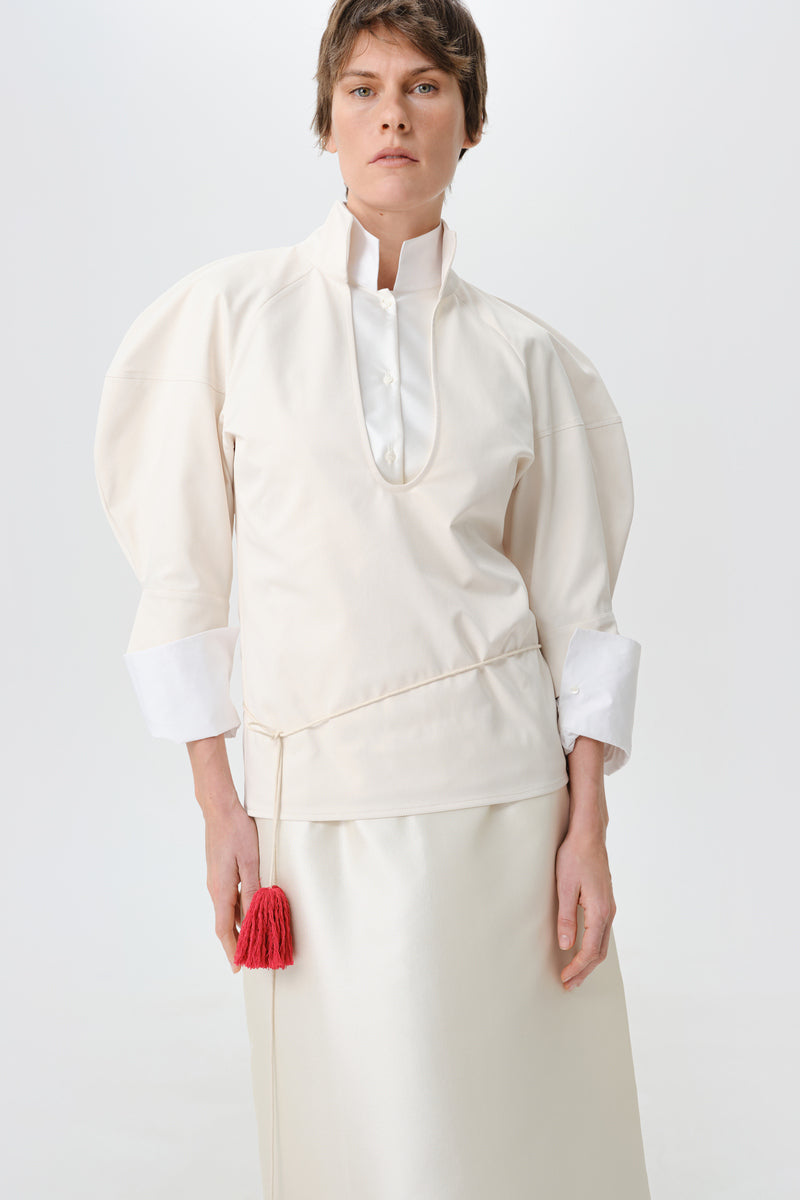 Gray-beige structure shirt by DELEGAN styled front view showing tailored fit and clean design.