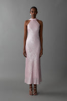 Pink halter maxi dress with scarf detail by Aisl, styled front view showcasing elegant design and flowing fabric.