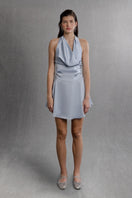 Powder blue satin mini dress by Aisl, draped design with a stylish front view, perfect for elegant occasions.