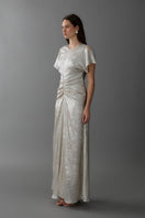 Ivory ruched center column gown by Aisl, featuring elegant draping and a fitted silhouette, perfect for formal occasions.