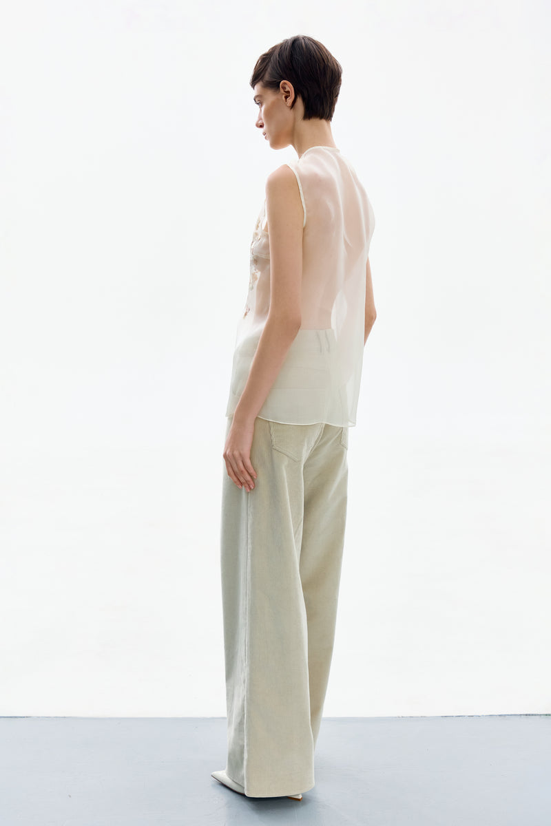 Front and back view of DELEGAN silk blossom embroidered shirt with intricate floral embroidery and elegant design details.