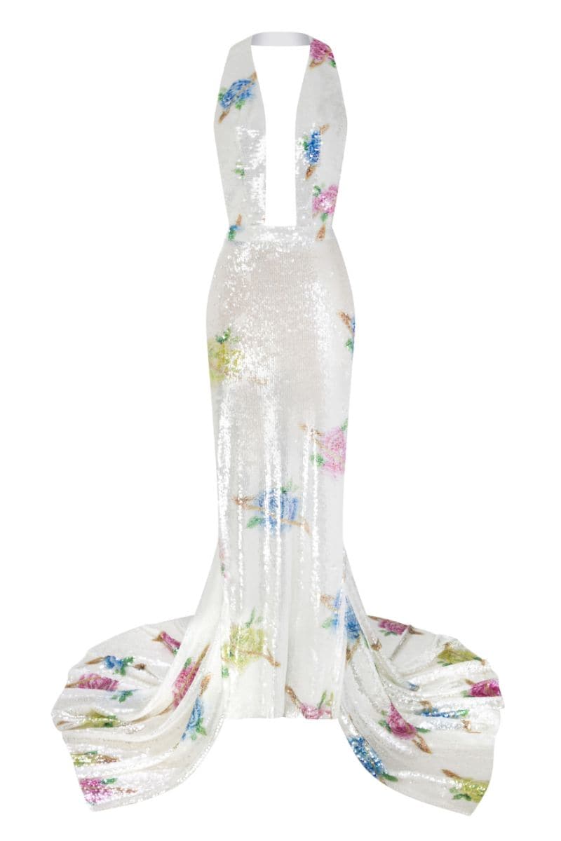 Sudi Etuz backless sequined maxi gown with train, multicolor, elegant formal dress for special occasions.